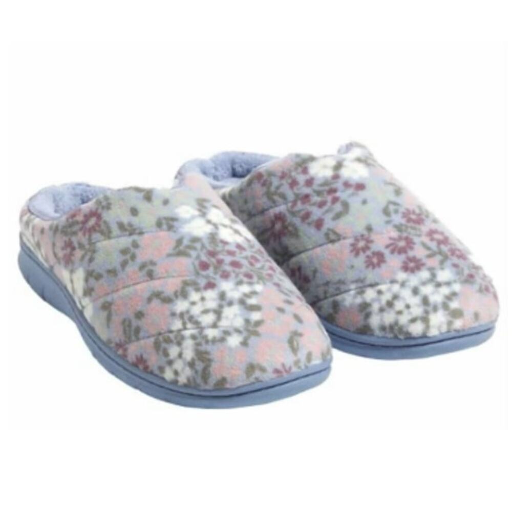 New In Box Dearfoams Womens Medium 7/8 Blue Floral Memory Foam House Slippers